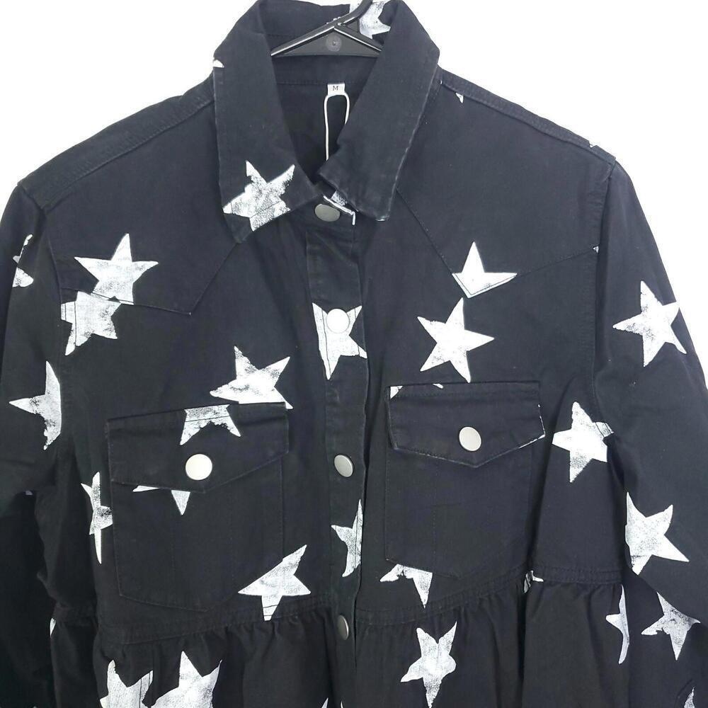 Womens Top M Shacket Button Down Peplum Star Print Raw Hem Western New Dallas - Picture 3 of 11